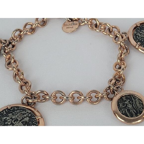 Vintage Bella Diva 18kt Rose Gold Plated Bronze Roman Coin Charm Bracelet - Picture 5 of 7